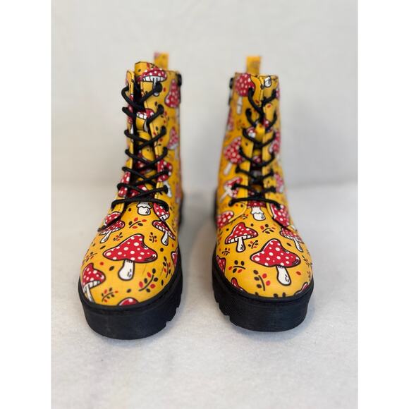 Yoki Yellow Red Mushroom Boots Vegan Leather Lug Sole Combat Size 6 - Picture 7 of 9